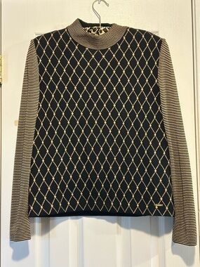 St. John Black and Cream Argyle Knit Top with Gold Logo